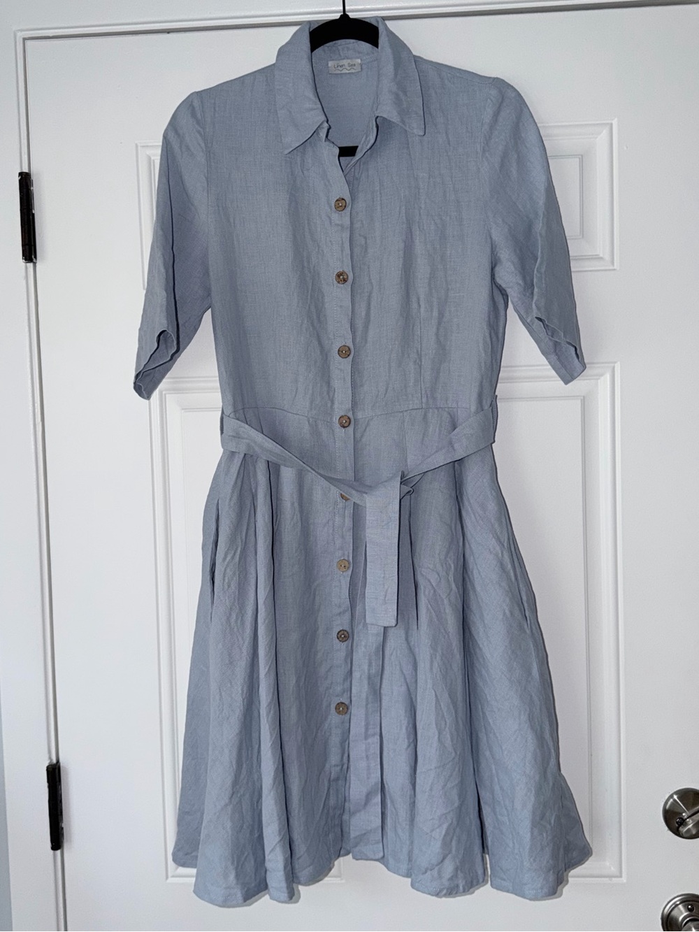 LinenSea 100% linen sea blue mini dress size m pleated with belt pockets